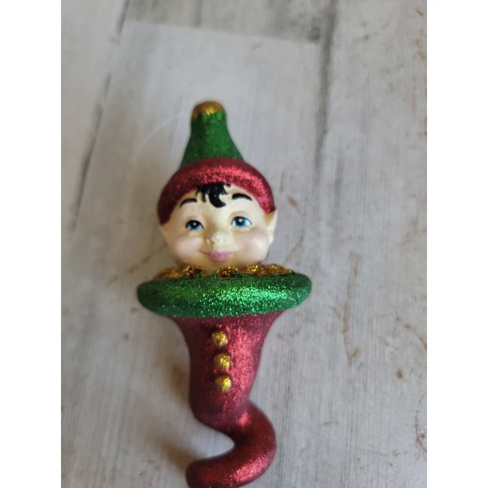 Vintage dept 56 glitter elf Santa helper twist abstract ornament Xmas cork
